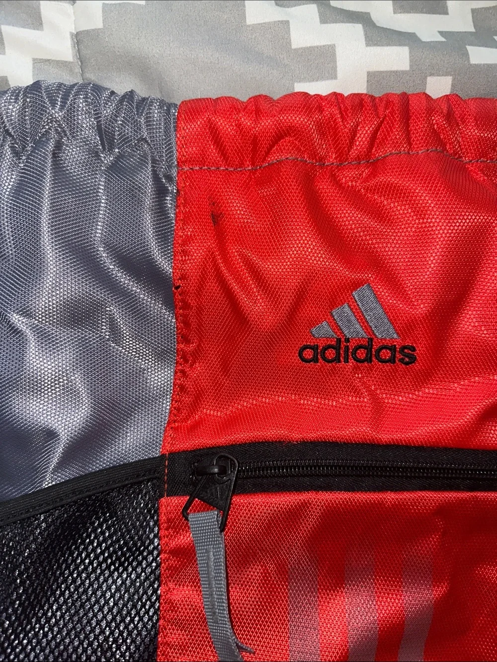 adidas Red, Gray and Black Drawstring Backpack with Front Zip Pocket - Picture 3 of 3